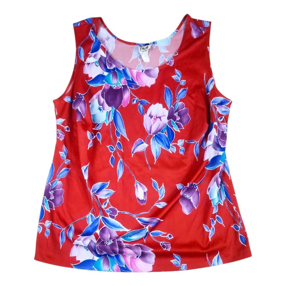 Vtg Jodi Red Floral Sleeveless Blouse L/XL Blue Purple Flowers Layer Shell Light
